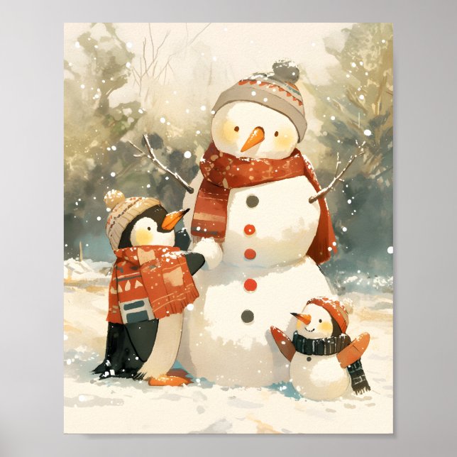 Söta pingviner & snömannen – mysig vinterakvarell poster (Framsidan)