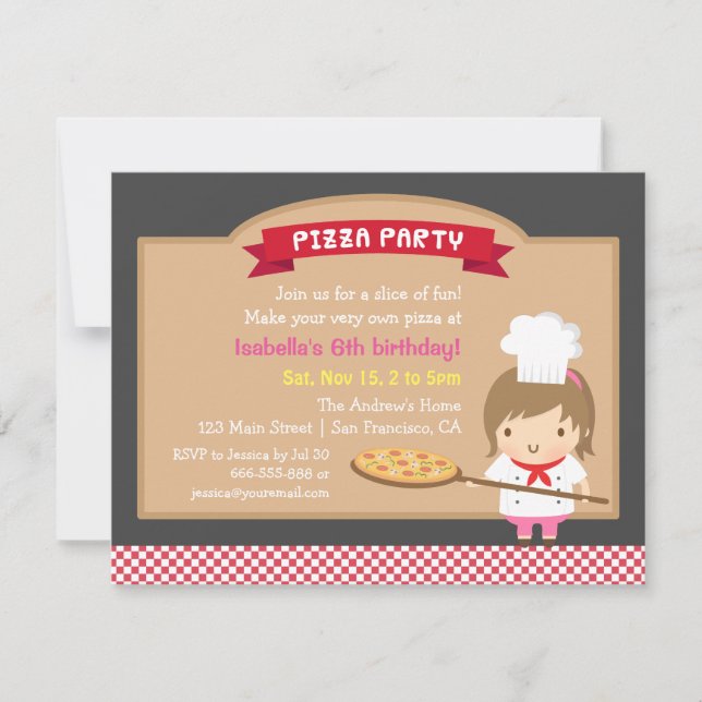 Söta Pizzakockflicka Födelsedagsfest Inbjudningar (Framsida)