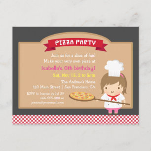 Söta Pizzakockflicka Födelsedagsfest Inbjudningar