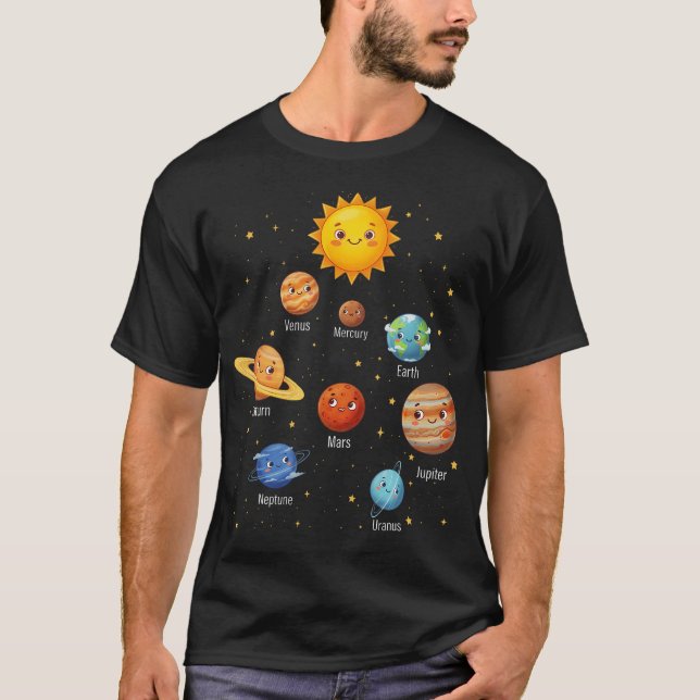 Söta planeter runt sol rymd galax t shirt (Framsida)
