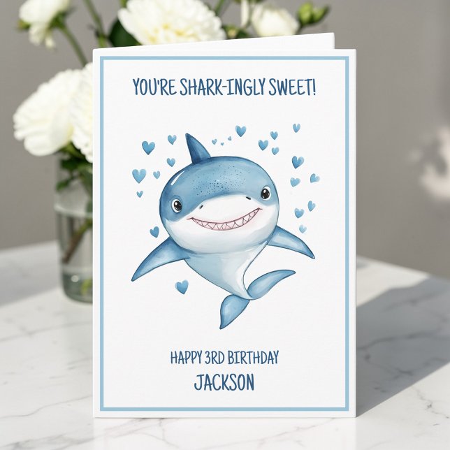 Söta pojkar anpassad blå haj glad 3-årsdag kort (Cute Boys Custom Blue Shark Happy 3rd Birthday Card)