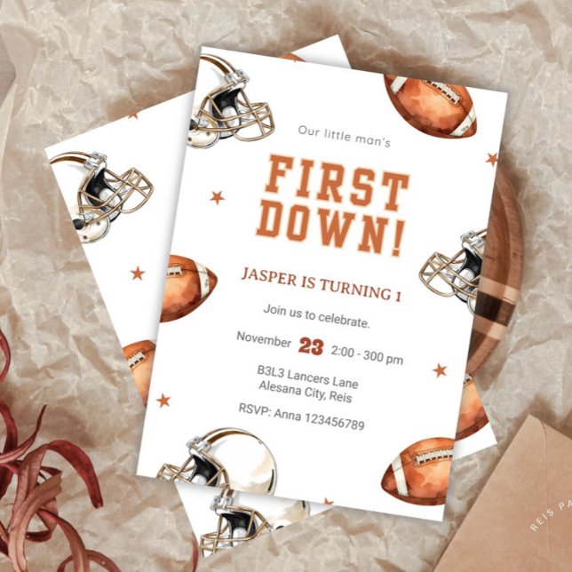 Söta pojkar fotboll sport barn 1-årsdag inbjudningar (First Down Birthday Evite, Editable Football Invitation, 1st Birthday Digital Invite, Instant Downlo)