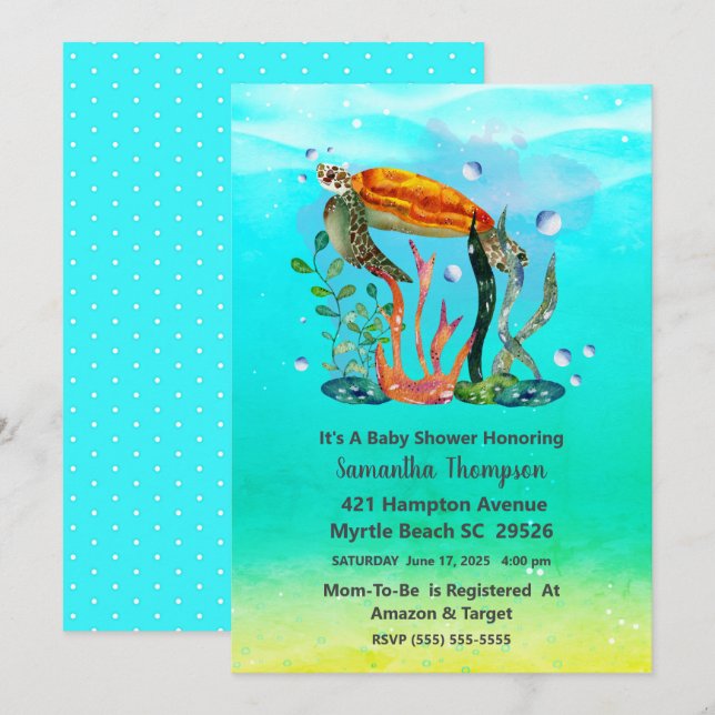 Söta pojkar Undervattens havssköldpadda Baby Showe Inbjudningar (Fram/baksida)