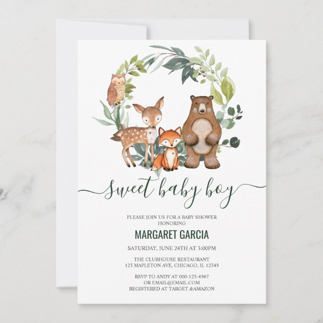 Söta Pojke Woodland Animals Baby Shower Inbjudningar (Framsida)