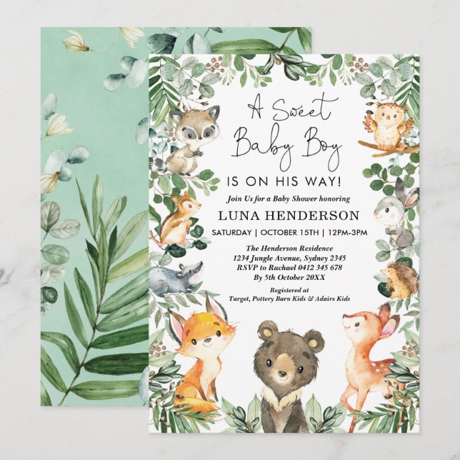 Söta Pojke Woodland Forest Animals Baby Shower Inbjudningar (Fram/baksida)