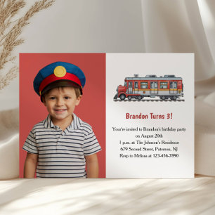 Söta pojktåg fotobarn 3-års födelsedagsfest inbjudningar