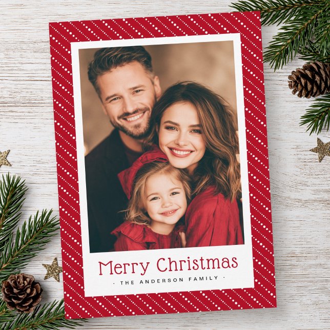 Söta prickiga ränder glad jul foto röd julkort (Cute dotted stripes merry Christmas photo red Holiday Card)