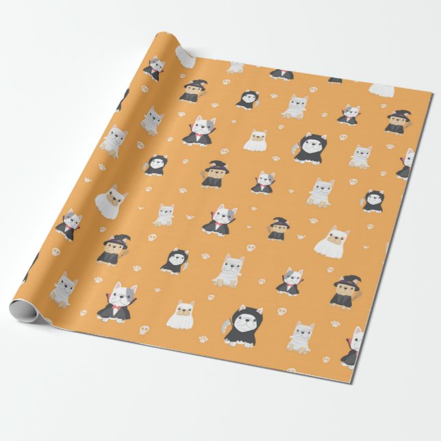Söta Pugs Halloween-mönster Presentpapper (Utrullad)
