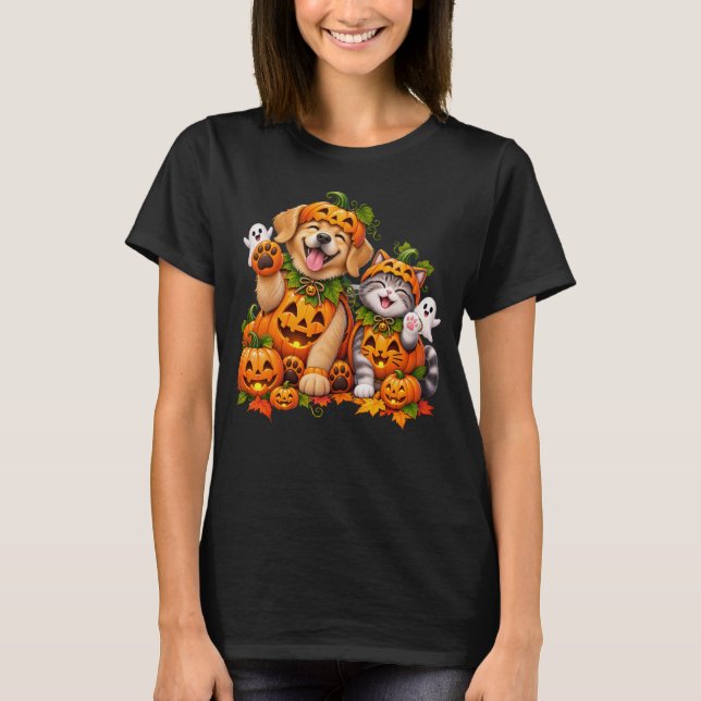 Söta Pumpa Vänner Hund Katt Halloween  T Shirt (Framsida)
