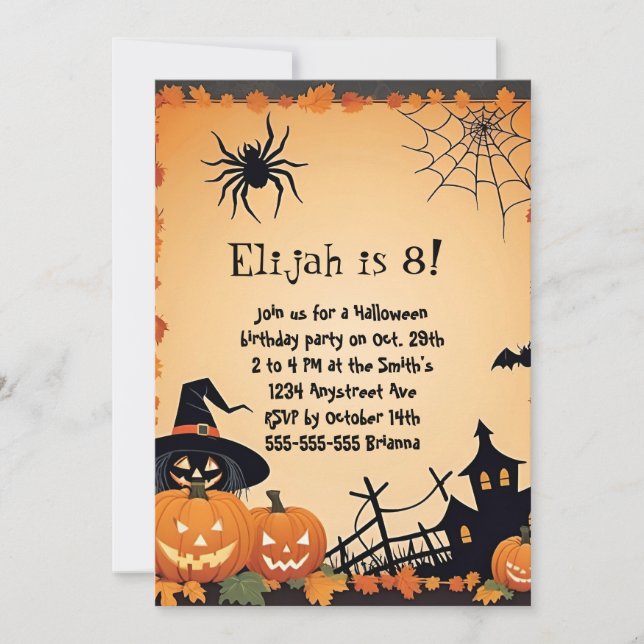Söta pumpor och spindelbarn Halloween födelsedag Inbjudningar (Framsida)