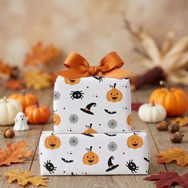 Söta pumpor, spindlar och fladdermöss Halloween Presentpapper (Cute Pumpkins, Spiders And Bats Halloween Wrapping Paper)