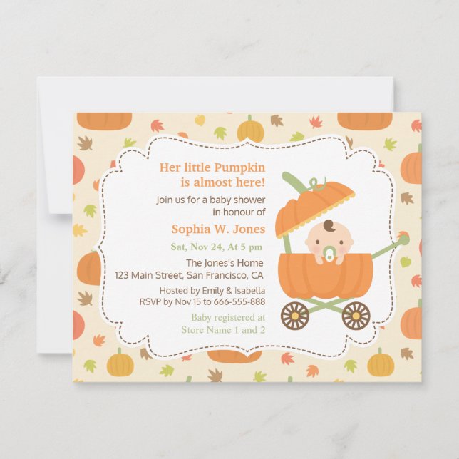 Söta pumpvagnsbjudningar för höst-baby shower inbjudningar (Framsida)