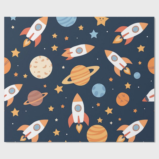 Söta Raketer Planeter Rymdmönster Presentpapper (Platt)