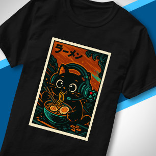 Söta Ramen-Katt-Hörlurar Retro Japansk Musik T Shirt