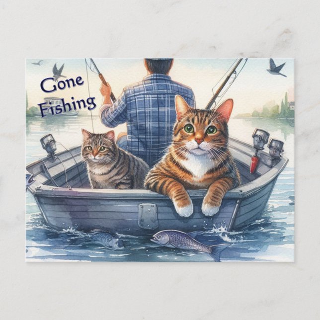 Söta randiga katter som fiskar med pappa  helg vykort (Framsida)