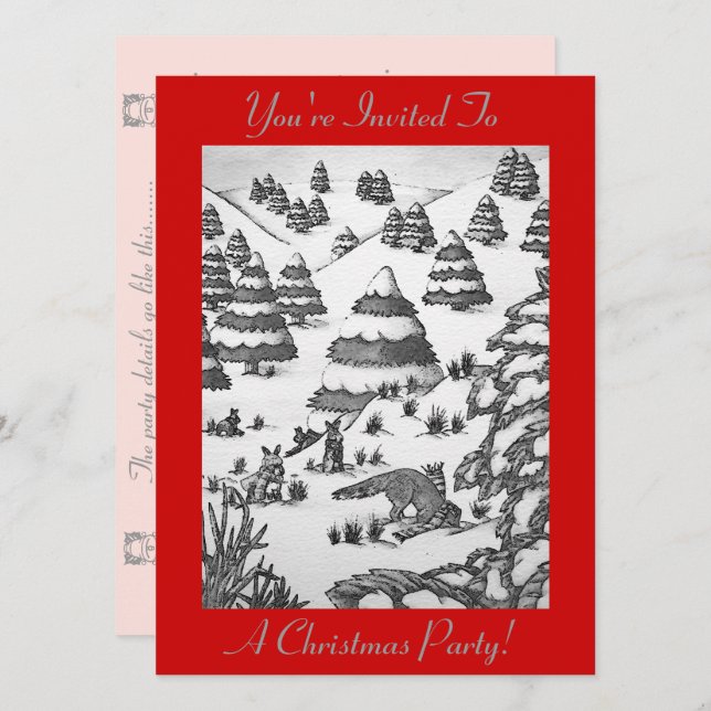 Söta rävar och kaniner i snö-scenkonstinbjudan inbjudningar (Fram/baksida)