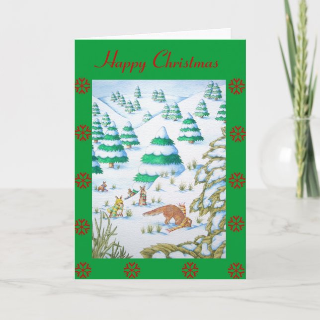 Söta rävar och kaniner, jultomte snö helgkort (Framsida)