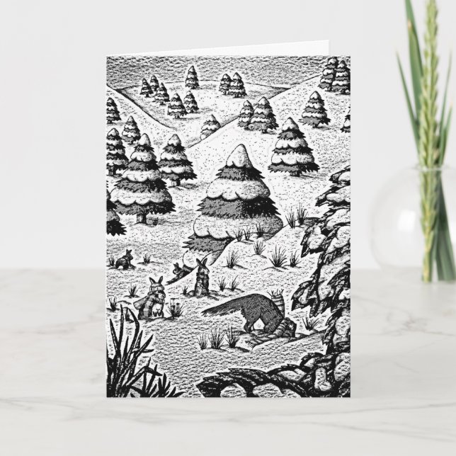 Söta rävar och kaniner på vinterscenen snö helgkort (Framsida)