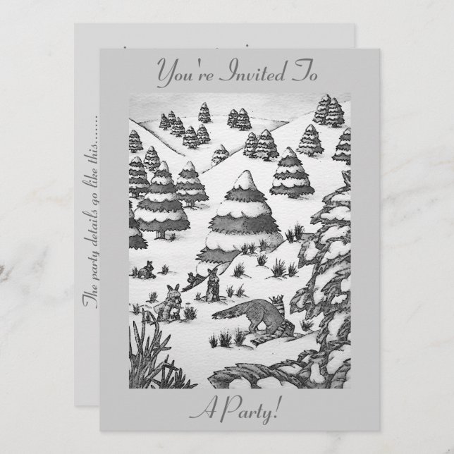 Söta rävar och kanininbjudan till vinterscenen i s inbjudningar (Fram/baksida)