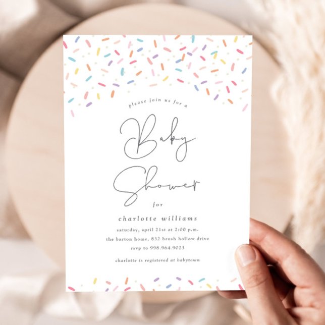 Söta regnbågsprickar baby shower inbjudningar (Cute rainbow sprinkles baby shower invitations.)