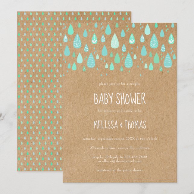 Söta regndroppar Par Baby Shower / Sprinkle Inbjudningar (Fram/baksida)