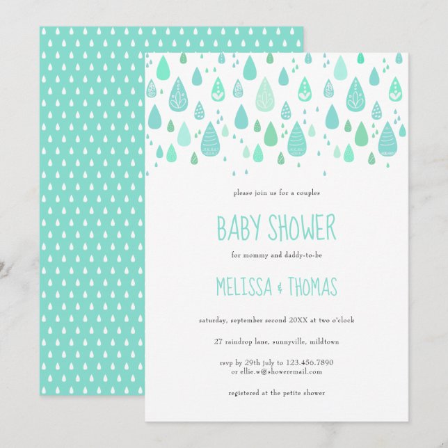 Söta regndroppar Par Baby Shower / Sprinkle Inbjudningar (Fram/baksida)