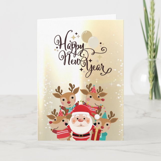 Söta renar, jul tomten guld jul helgkort (Framsida)