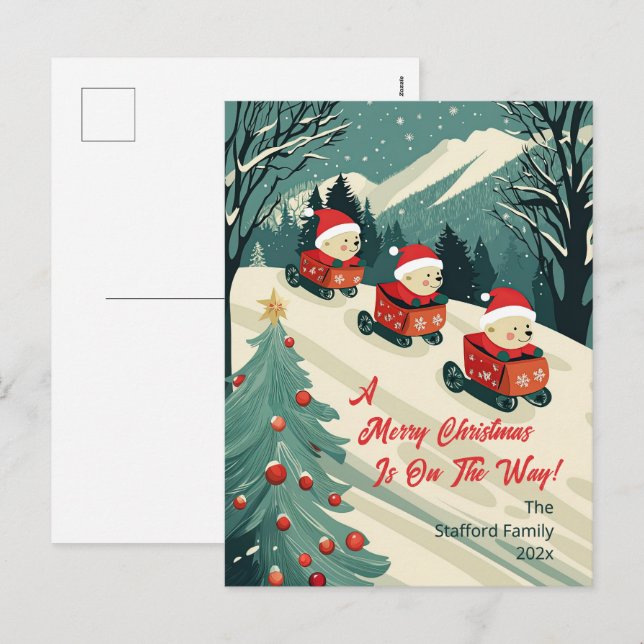 Söta Retro-Björnar Jul Helg Vykort (Fram/baksida)