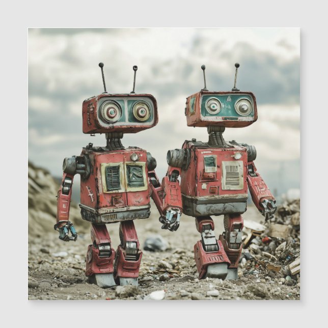 Söta Retro Robotar I Kärlek Som Håller Händer (Framsida)