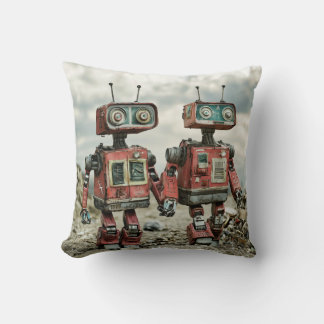 Söta Retro Robotar I Kärlek Som Håller Händer Kudde