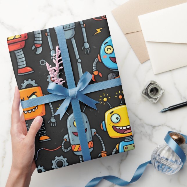 Söta Retro Robotar och Monster Mönster Presentpapper (Gifting)
