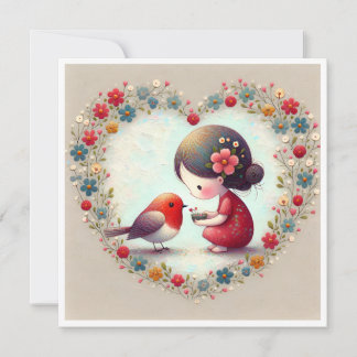 Söta Robin och lilla flickan Blommande hjärta