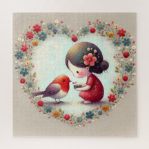 Söta Robin och lilla flickan Blommande hjärta