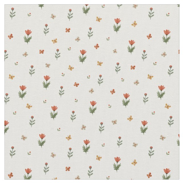 Söta röda blommor & Fjärilar Blommig mönster Tyg (Närbild)