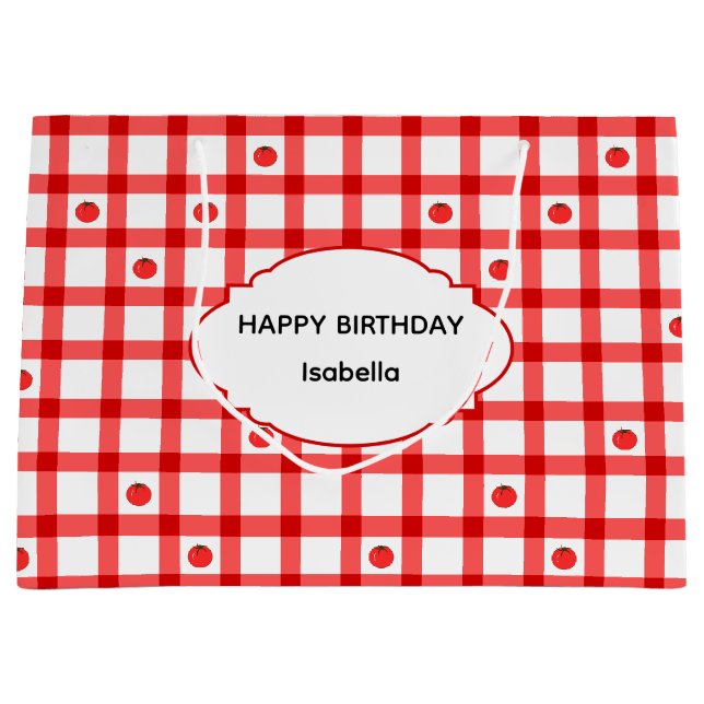 Söta röda gingham-tomater glad födelsedag (Framsidan)
