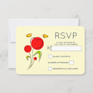 Söta röda hjärtblommor och gula fjärilar RSVP OSA Kort