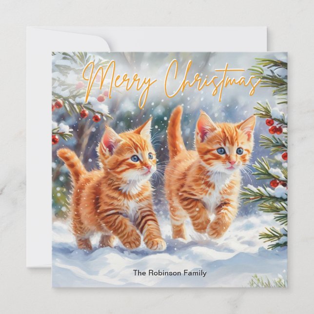 Söta röda husdjur Kattungar Festlig Glad Jul Julkort (Framsida)