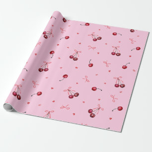 Söta röda körsbågar slingor hjärtan på rosa presentpapper