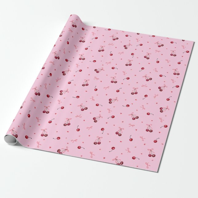 Söta röda körsbär hjärtan slingor på rosa presentpapper (Utrullad)