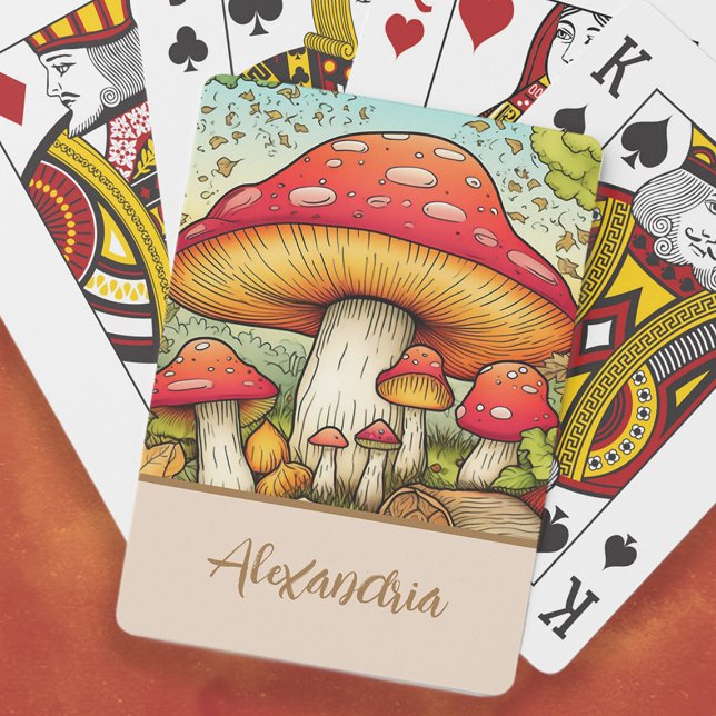 Söta Röda Svampar Namn Casinokort (Cute red mushrooms playing cards personalized with your name.)