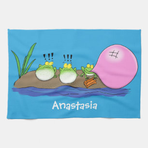 Söta roliga grodor bubbelgummi tecknad illustratio kökshandduk