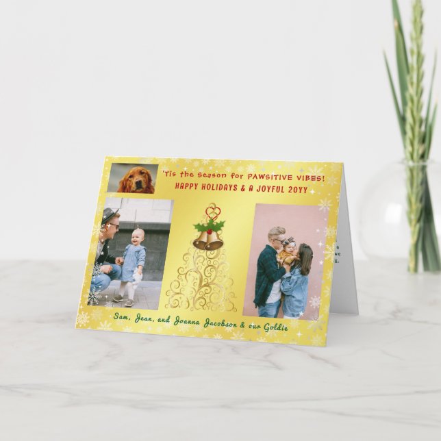 Söta Roliga Hund Katt God Jul 3 Bilder Guld Helgkort (Framsida)