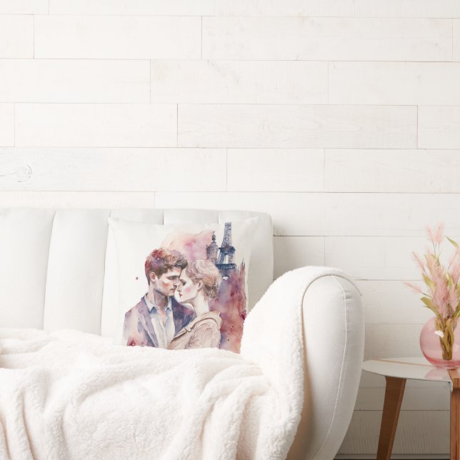 Söta romantiska akvarellpar i Paris kastar P Kudde (Soffa)