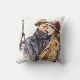 Söta romantiska vattenfärgskoppel i Paris kastar p Kudde