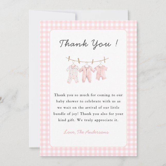 Söta rosa barnkläder babyflicka  tack kort (Framsida)