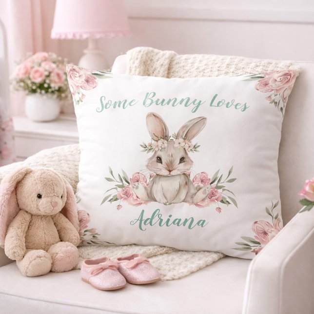 Söta Rosa Blommiga Kanin Flicka Barnkammare Kudde (Cute Pink Floral Bunny Baby Girl Nursery Throw Pillow)