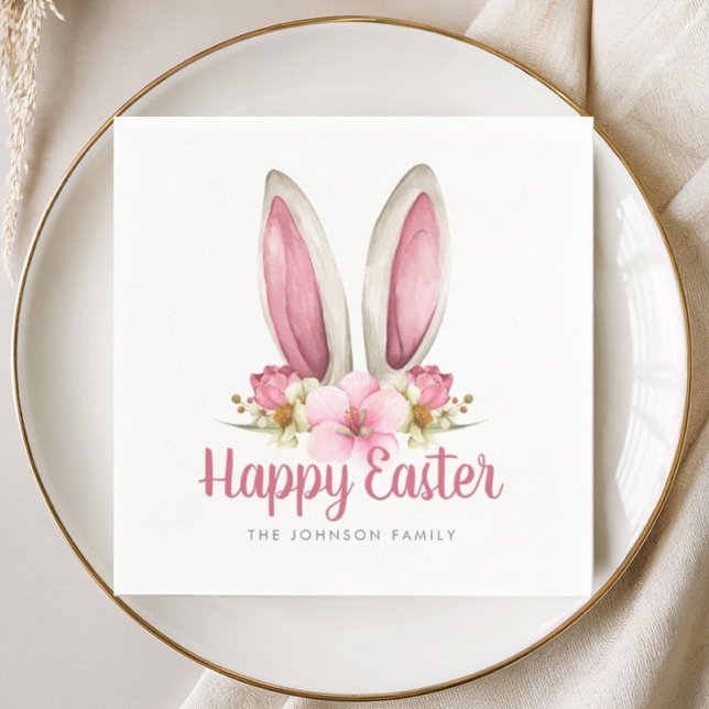 Söta rosa blommiga kaninöron Glad påsk Pappersservett (Cute Pink Floral Bunny Ears Happy Easter Napkins)