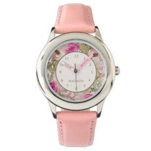 Söta rosa blommor Ditt namn Barn Armbandsur