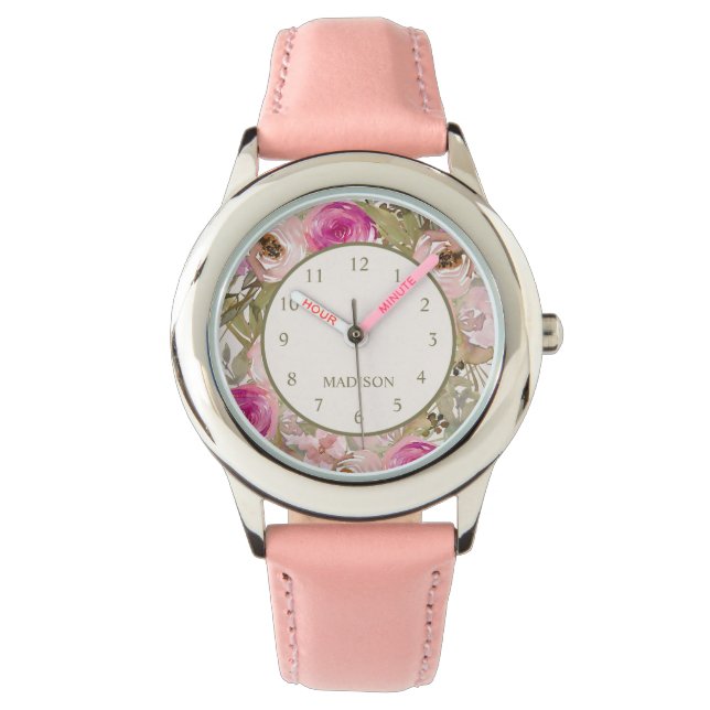 Söta rosa blommor Ditt namn Barn Armbandsur (Framsida)