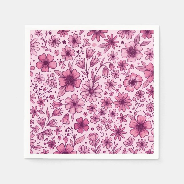 Söta rosa blommor Handritade blommor Födelsedagsfe Pappersservett (Framsidan)